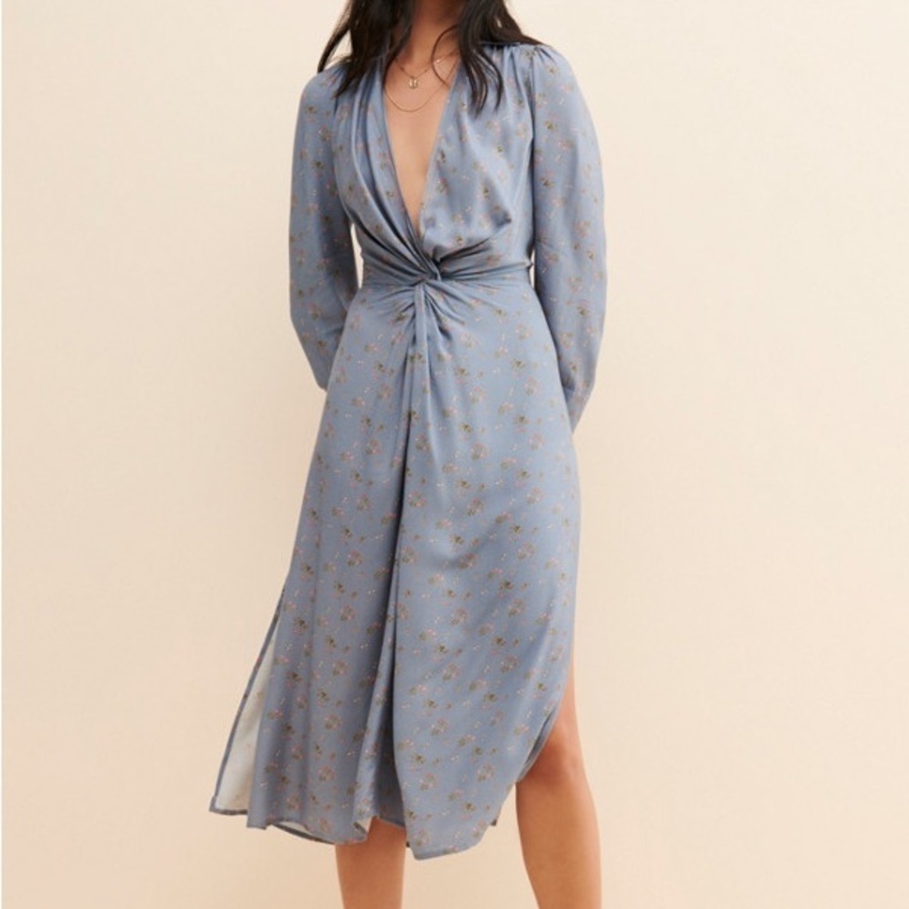 Jen’s Pirate Booty Colisee Blue Floral Midi Plunge Neck Shirt Dress x-small